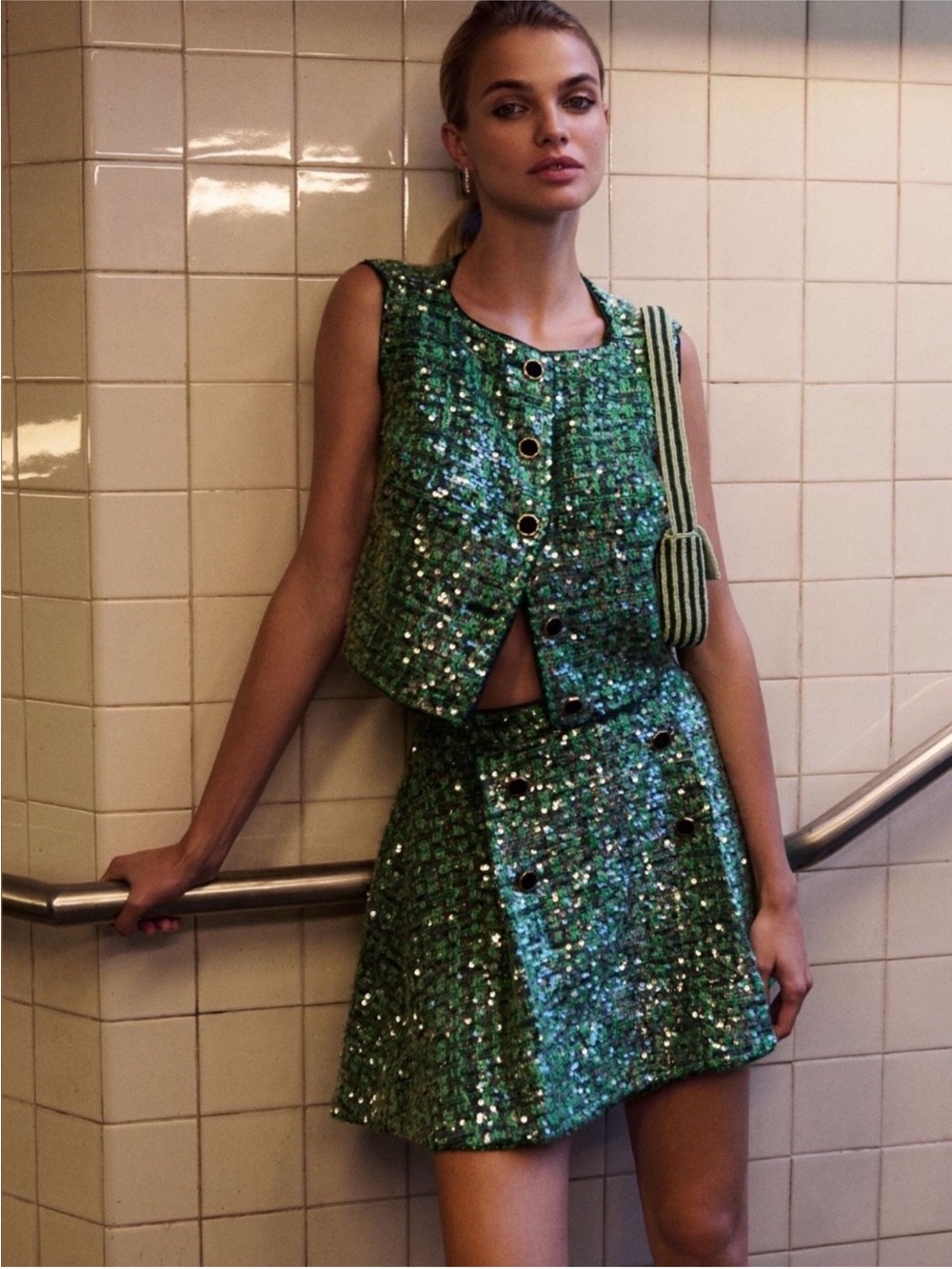NWT Maeve Green Sequin Tweed Skirt